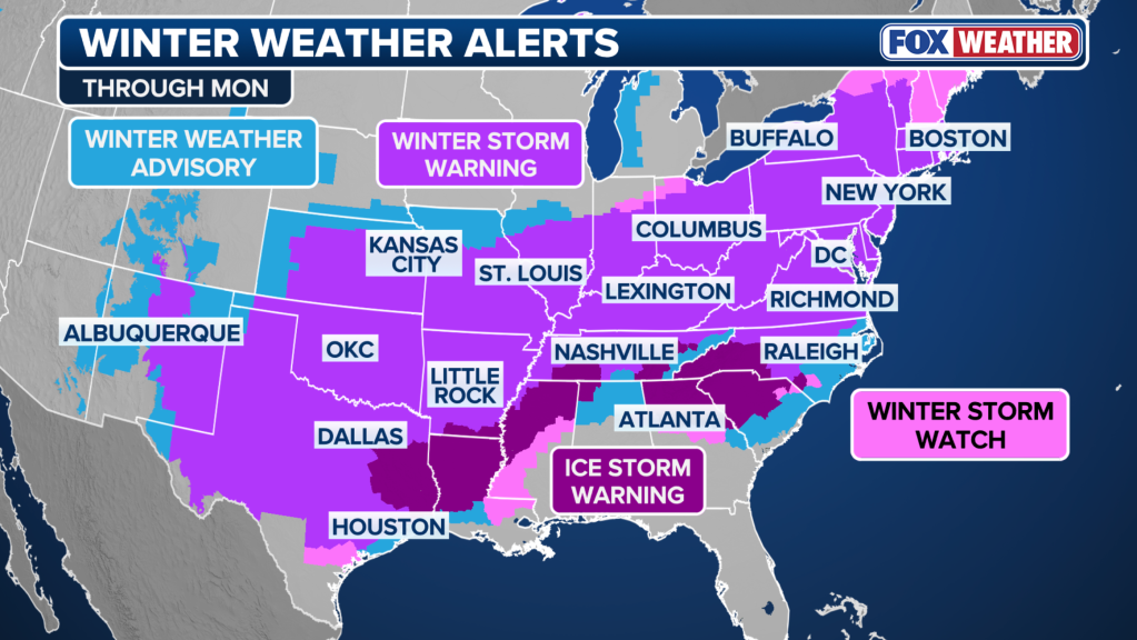 Map of winter weather alerts across the US.